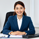 電算税務会計 (Accounting Software Specialist)**

A professional-looking woman in a modest business suit, sitting at a clean desk with a modern computer. She is smiling slightly, with well-formed hands posed on a keyboard. The monitor displays accounting software. The background shows a bright, organized office. fully clothed, appropriate attire, safe for work, perfect anatomy, natural proportions, professional photography, high quality, modern aesthetic. family-friendly.

**