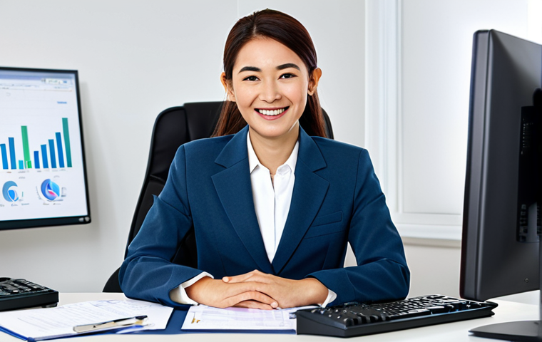 電算税務会計 (Accounting Software Specialist)**

A professional-looking woman in a modest business suit, sitting at a clean desk with a modern computer. She is smiling slightly, with well-formed hands posed on a keyboard. The monitor displays accounting software. The background shows a bright, organized office. fully clothed, appropriate attire, safe for work, perfect anatomy, natural proportions, professional photography, high quality, modern aesthetic. family-friendly.

**