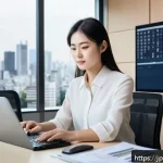 전산세무회계 이직 준비 단계 - A modern office scene showing a young Japanese professional woman in business casual attire, seated ...