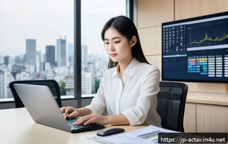 전산세무회계 이직 준비 단계 - A modern office scene showing a young Japanese professional woman in business casual attire, seated ...