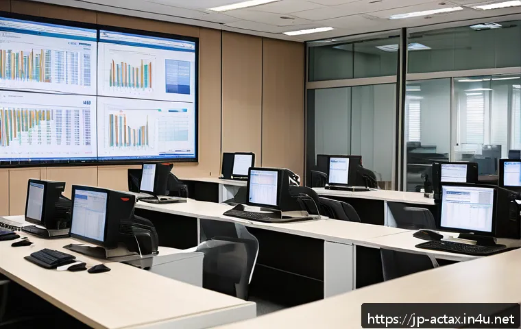 전산세무회계 업무와 관련된 실수 피하기 - An office scene focused on a group of Japanese accountants diligently performing double data entry c...