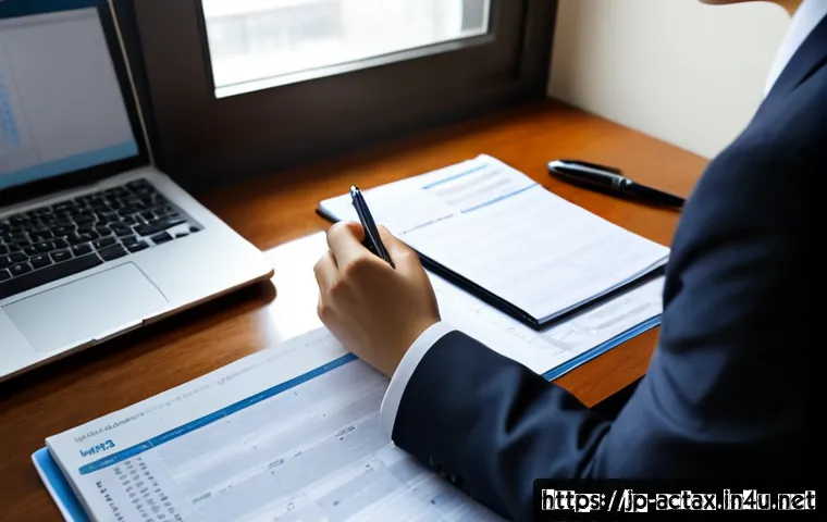 전산세무회계 업무 일기 작성법 - Photorealistic Japanese accounting professional at a clean home-office desk, carefully organizing re...