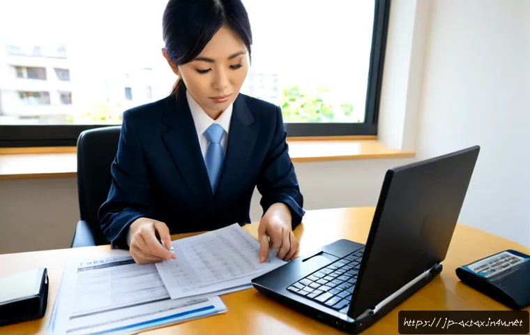 전산세무회계 시험 후기 블로그 운영법 - Photorealistic Japanese office worker reviewing tax accounting exam materials at a clean home desk, ...